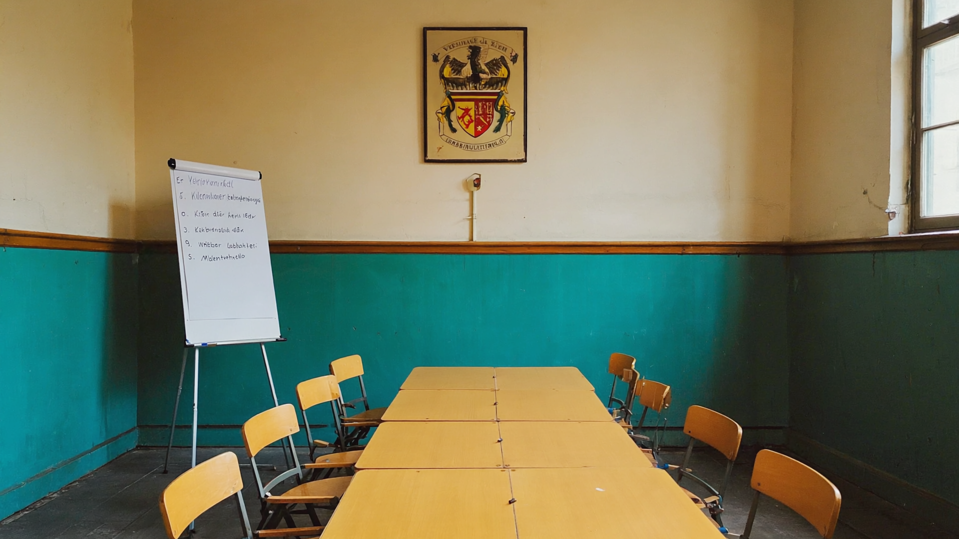 Langer Tisch im Vereinsheim nach einer Mitgliederversammlung, leere Stühle, Flipchart mit handgeschriebener Tagesordnung im Hintergrund