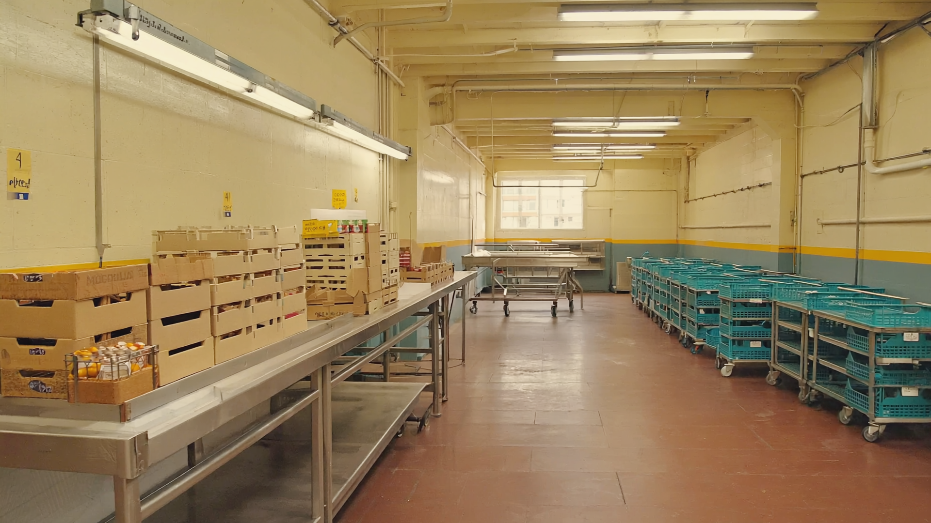 Großer Sortiertisch in einer Tafel-Halle mit halb ausgepackten Kisten Obst, Brot, Konserven, leere Rollwagen am Rand